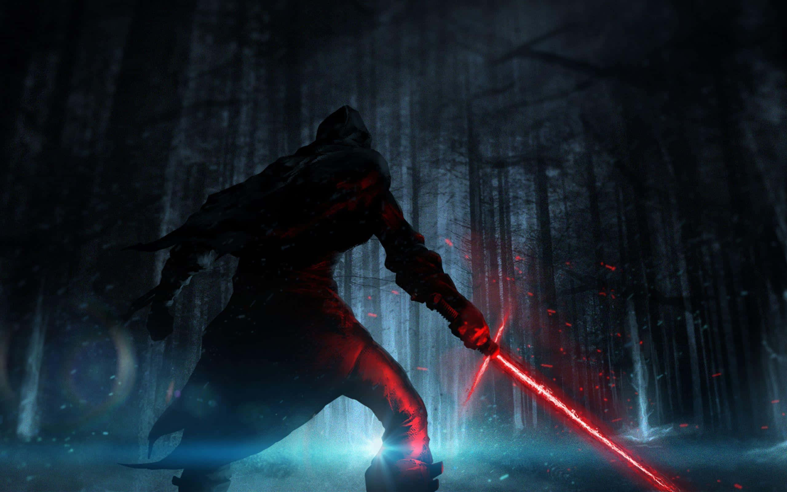 the force awakens 桌布 壁紙 — 一名戴著兜帽的戰士在迷霧籠罩的黑暗森林中揮舞著發光的紅色光劍，地面散發藍色光芒，漂浮著餘燼。