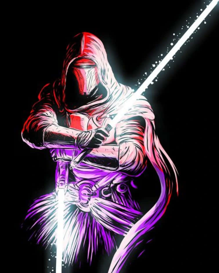 Star Wars Profile 桌布 壁紙 — 一名戴著兜帽的戰士在黑色虛空中揮舞著發光的白色光劍，並帶有鮮豔的紅色和紫色點綴。