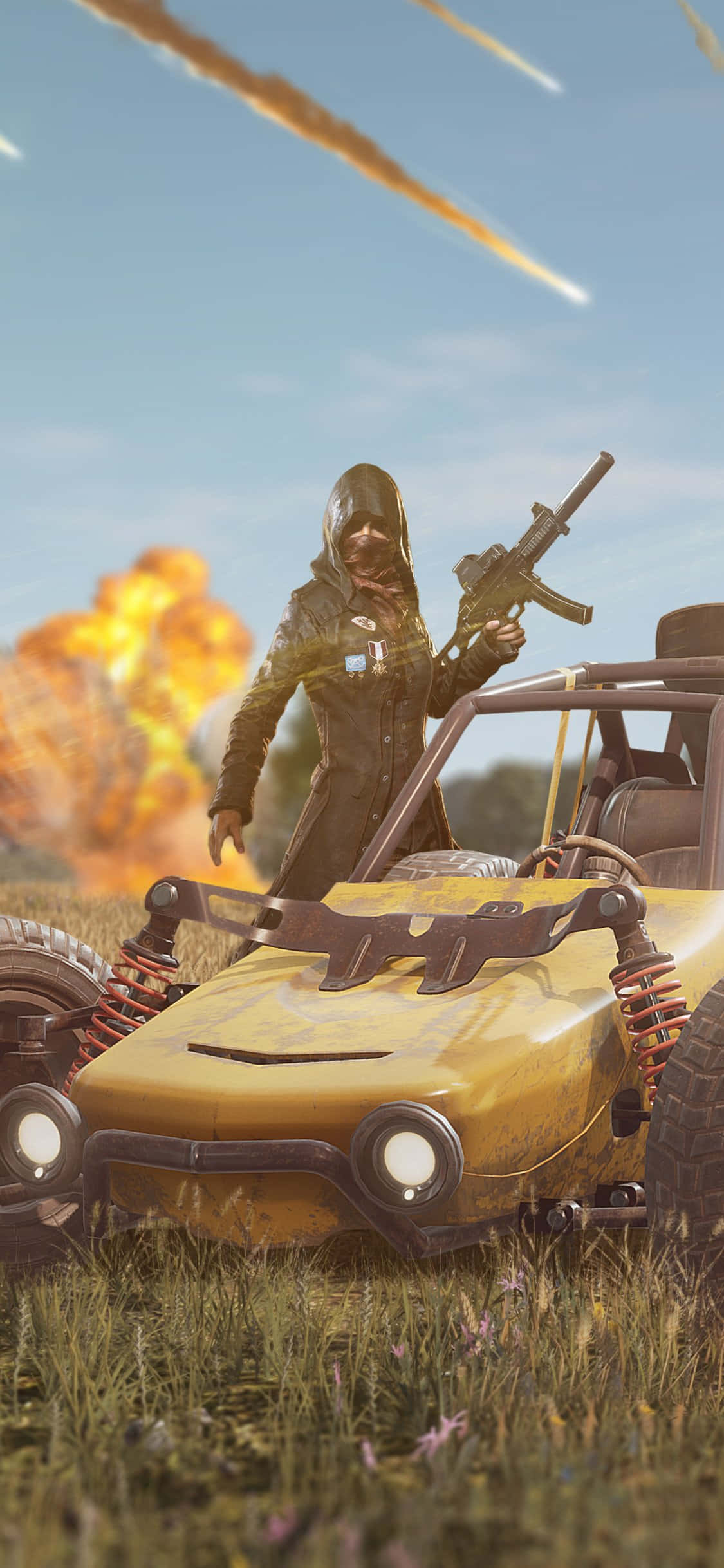 Playerunknown's Battlegrounds 桌布 壁紙 — 一名戴著兜帽的戰士站在一輛黃色越野車旁邊，身後爆炸和劃過的彈體照亮了天空。