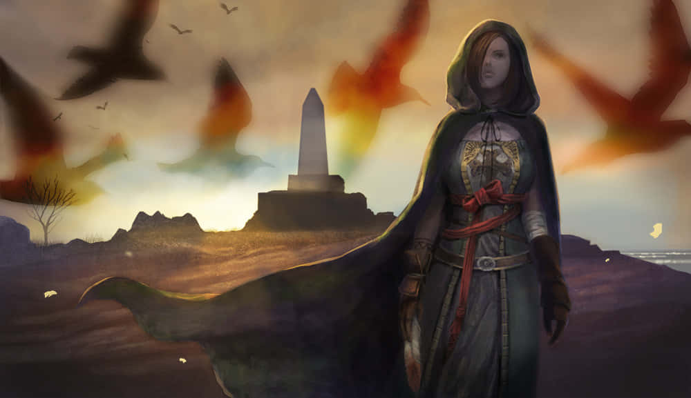 Dark Souls Emerald Herald 桌布 壁紙 — 一名戴著兜帽的戰士站在巨石前，火鳥在暮色天空中翱翔。