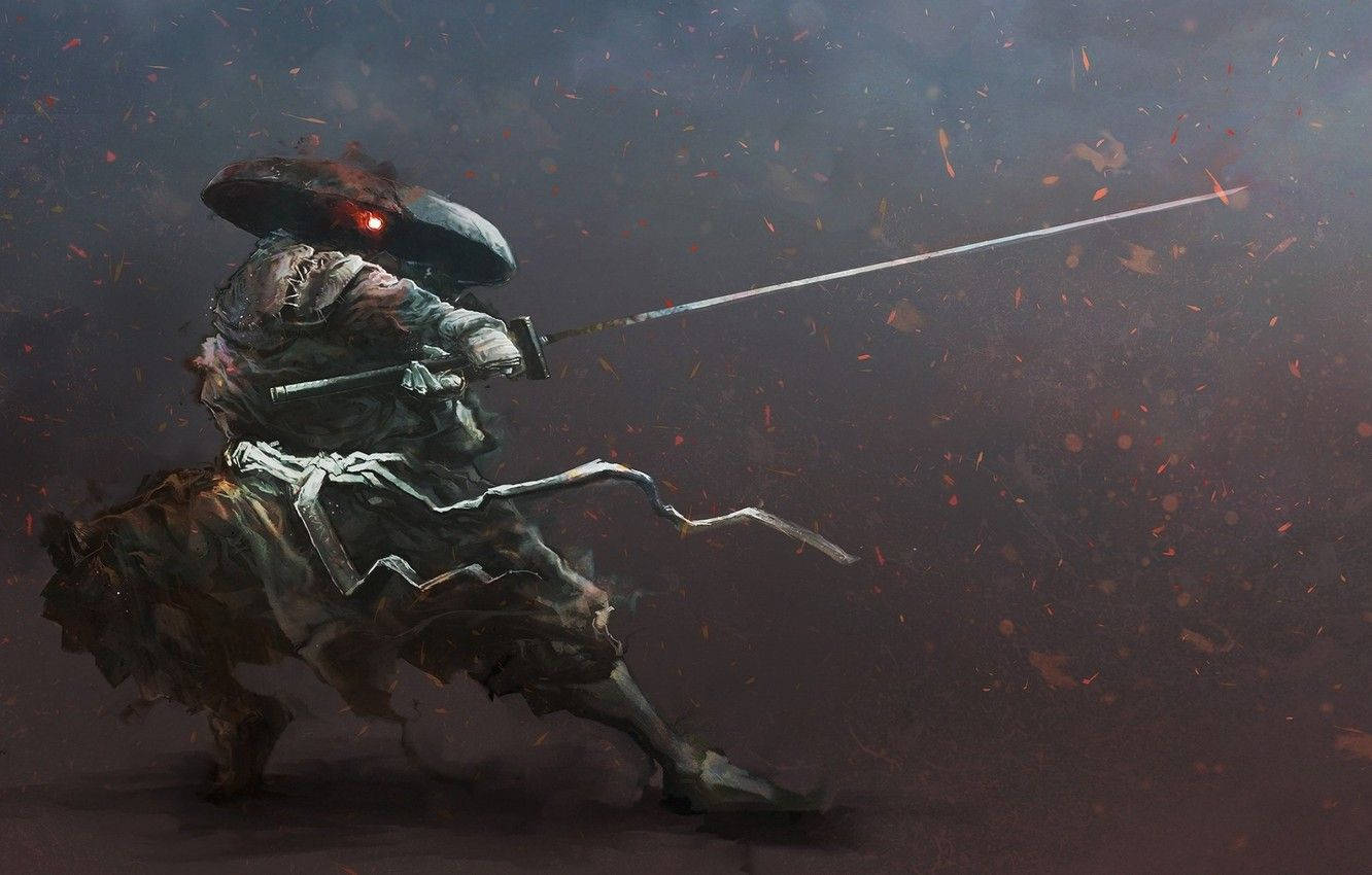 日本武士 桌布 壁紙 — 一名戴著兜帽的戰士騎在馬上，用發光的劍劃過紅色餘燼風暴，映襯著黑暗煙霧彌漫的天空。