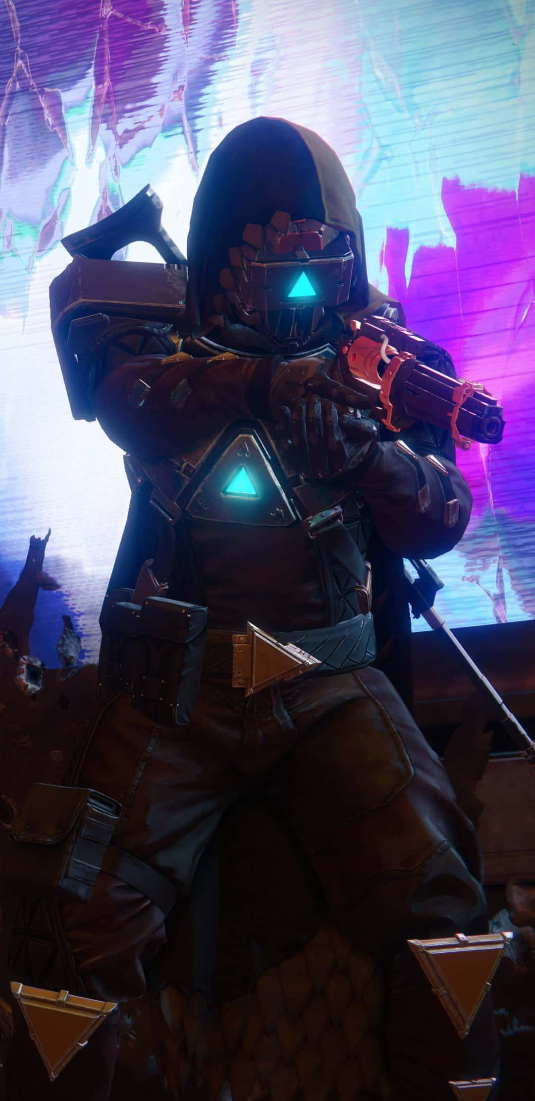 Destiny 2 Phone 桌布 壁紙 — 一名戴著兜帽的未來戰士，身穿深色盔甲，正用發光的橙色武器瞄準充滿活力的紫色和藍色數位背景。