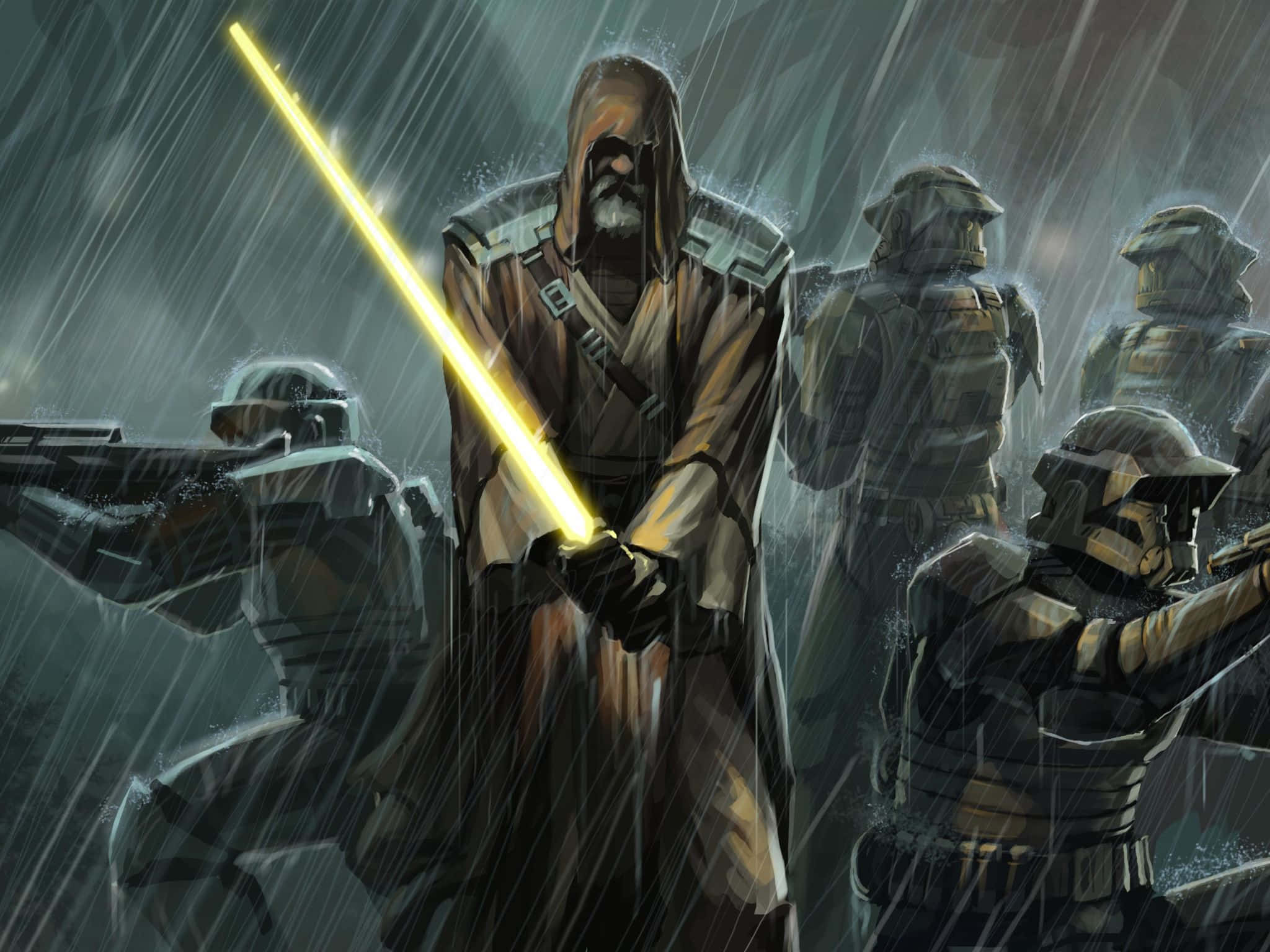 Clone Wars 桌布 壁紙 — 一名戴著兜帽的絕地武士手持發光的黃色光劍，在傾盆大雨中堅定站立，而風暴兵正用爆能槍瞄準他。