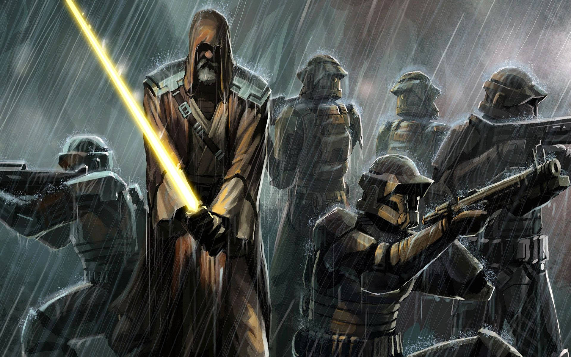 Swtor 桌布 壁紙 — 一名戴著兜帽的絕地武士揮舞著發光的黃色光劍，而風暴兵在黑暗天空下的大雨中前進。