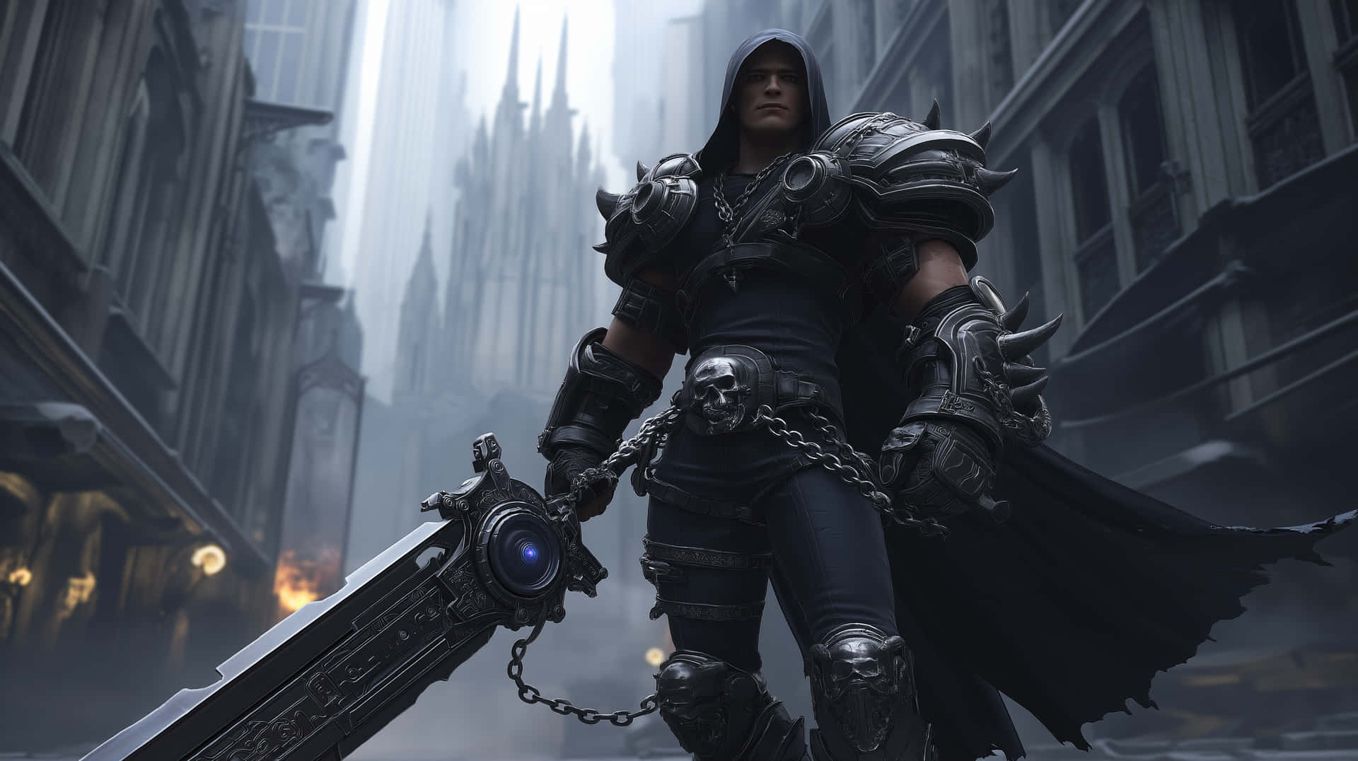 Imposing Hooded Warrior with Massive Weapon in Urban Ruin 壁紙 — 一名戴著兜帽的裝甲戰士在迷霧籠罩的哥德式城市街道中，手握發光的劍，周圍是高聳的尖塔。