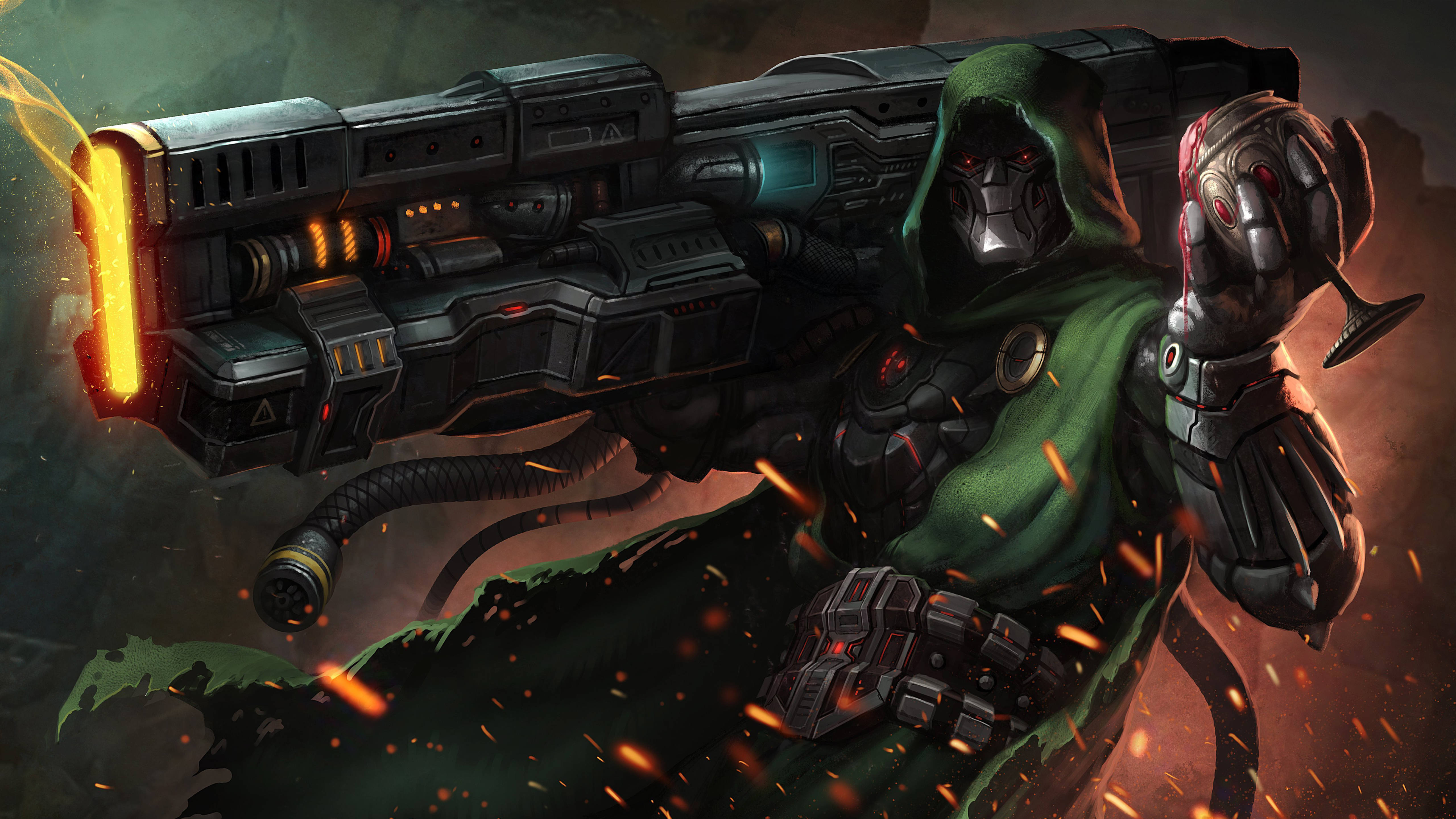 doom HD 桌布 壁紙 — 一名戴著兜帽的裝甲戰士在黑暗粗糙的科幻戰鬥場景中，於熾熱火花中揮舞著巨大的發光加農炮。