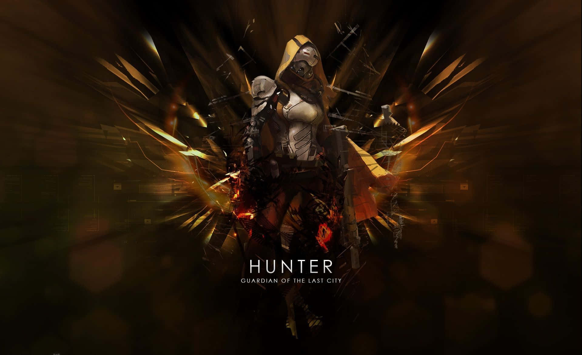 Best Destiny 2 桌布 壁紙 — 一名戴著兜帽的裝甲獵人，在黑暗的電影場景中，站在金色能量爆發和破碎瓦礫之中，表現出挑釁姿態。