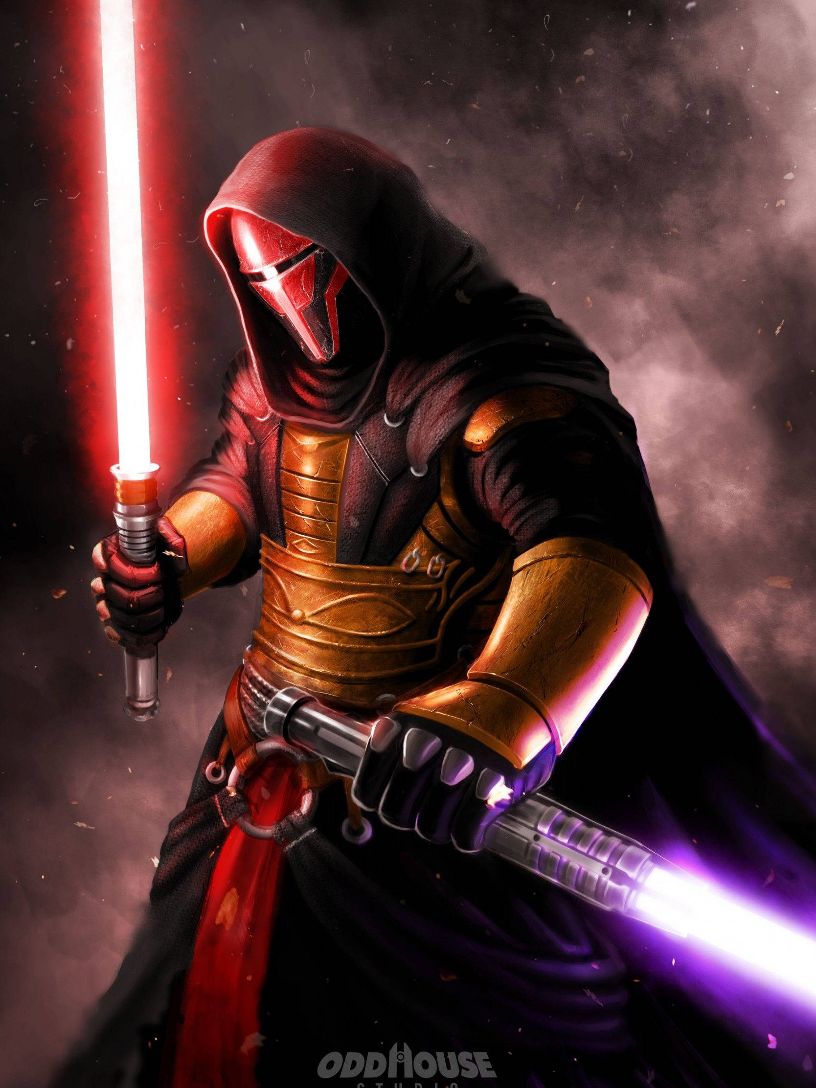 Revan 桌布 壁紙 — 一名戴著兜帽的西斯戰士在煙霧瀰漫的黑暗背景中揮舞著紅色光劍和紫色光劍。