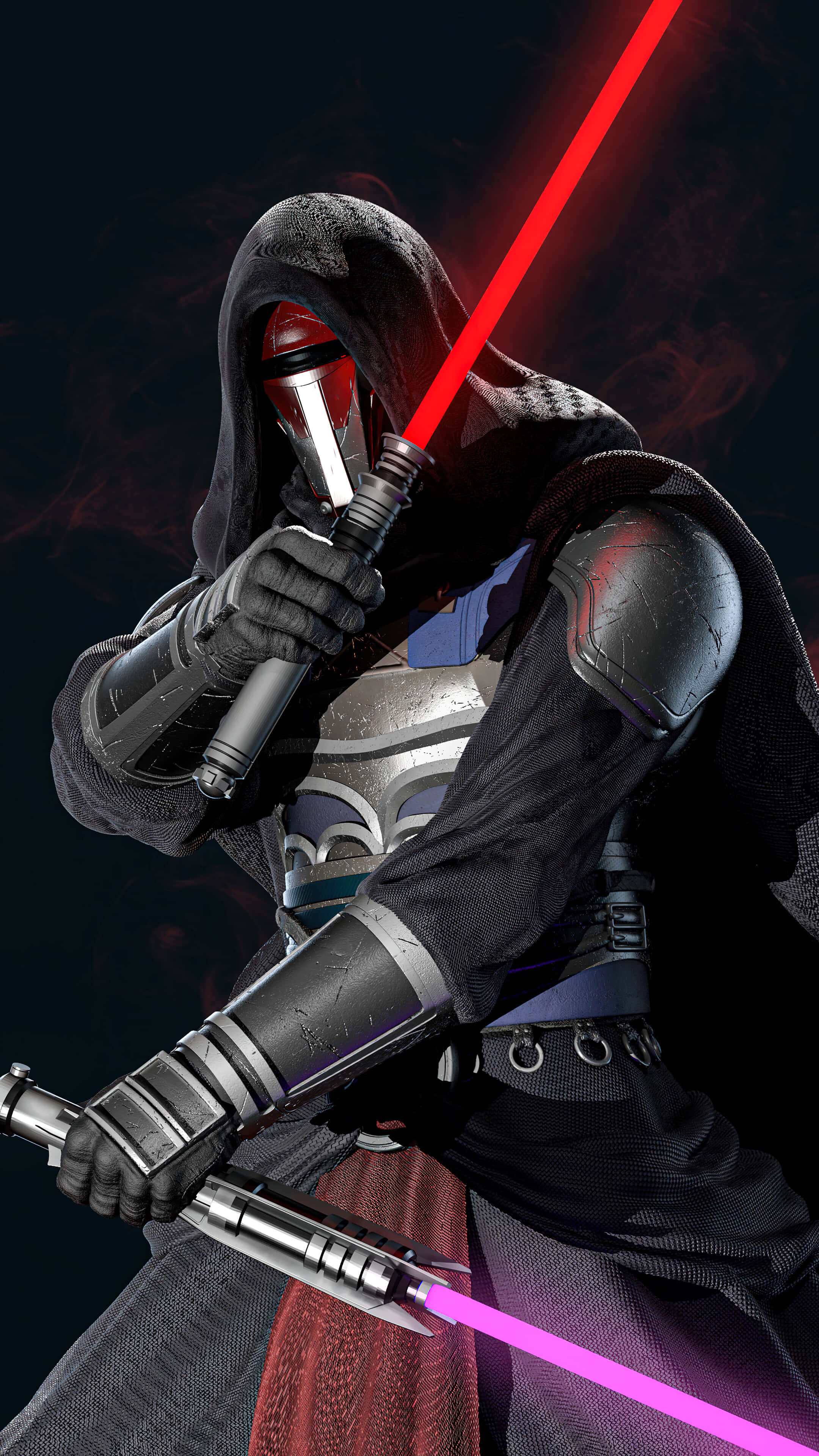 Darth Revan 4K 桌布 壁紙 — 一名戴著兜帽的西斯戰士在黑暗煙霧繚繞的背景中揮舞著紅色光劍，腰間還有一把紫色光劍。