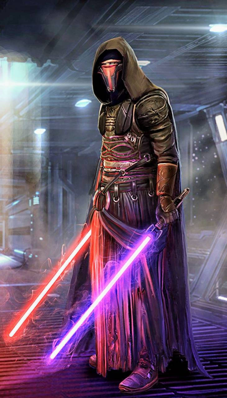 Revan 桌布 壁紙 — 一名戴著兜帽的西斯戰士站在未來主義的走廊中，揮舞著兩把發光的紅色和紫色光劍。