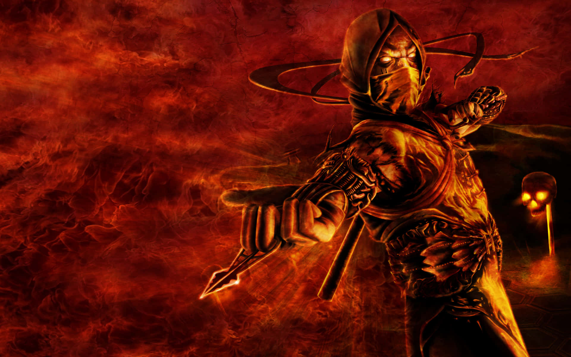 Mortal Kombat Scorpion 桌布 壁紙 — 一名戴著兜帽的金色盔甲忍者戰士，在旋轉的熾熱紅色背景和發光骷髏前揮舞匕首。
