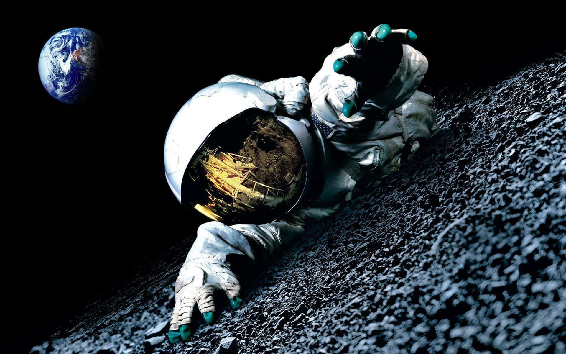 Amazing Astronaut 桌布 壁紙 — 一名戴著反光頭盔的太空人躺在月球表面，背後黑色的虛空中可見地球。