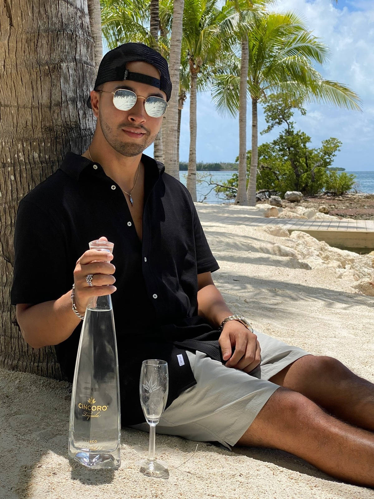 男子在棕櫚樹下拿著龍舌蘭酒瓶和酒杯在海灘上放鬆。 — DJ GIF 壁紙