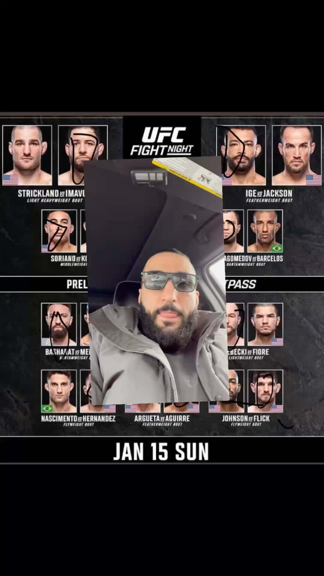 UFC 桌布 壁紙 — 一名戴著太陽眼鏡和灰色夾克的男子在UFC Fight Night海報前擺姿勢，海報上有拳手頭像和活動詳細資訊。