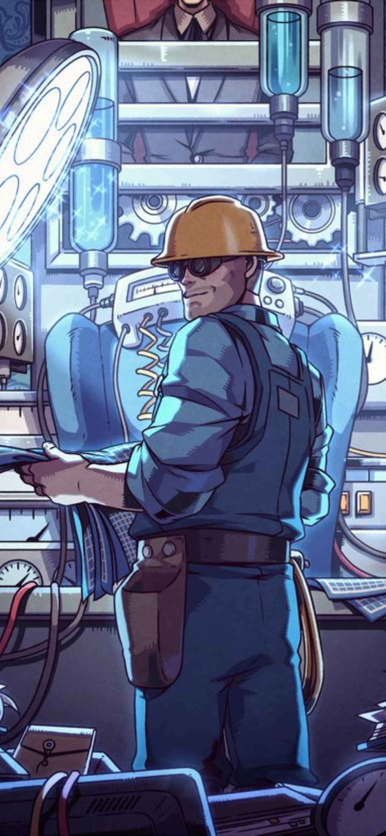 Engineer 桌布 壁紙 — 一名戴著安全帽和太陽眼鏡的工人站在充滿發光機械和管道的未來感藍色控制室中。