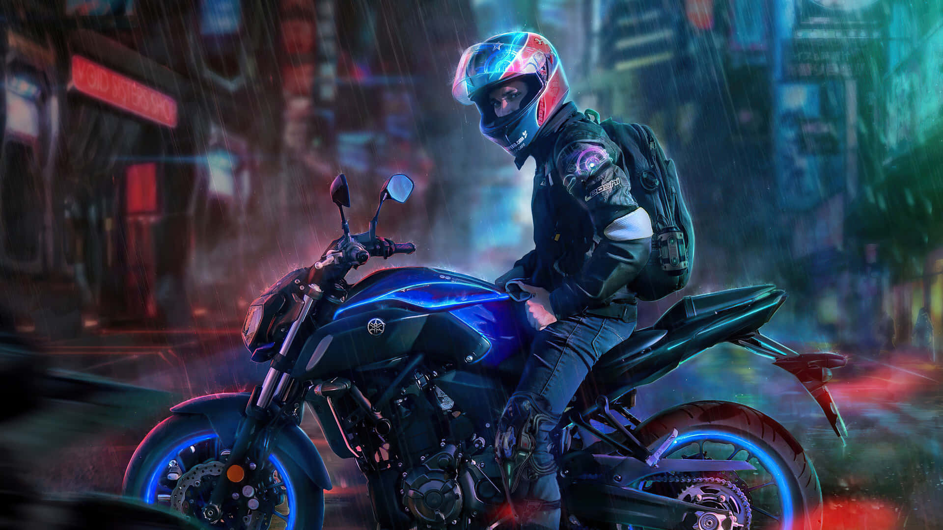 biker 桌布 壁紙 — 一名戴著安全帽的摩托車手在夜晚騎著發光的藍色機車，穿過被霓虹燈浸濕的雨夜城市街道。