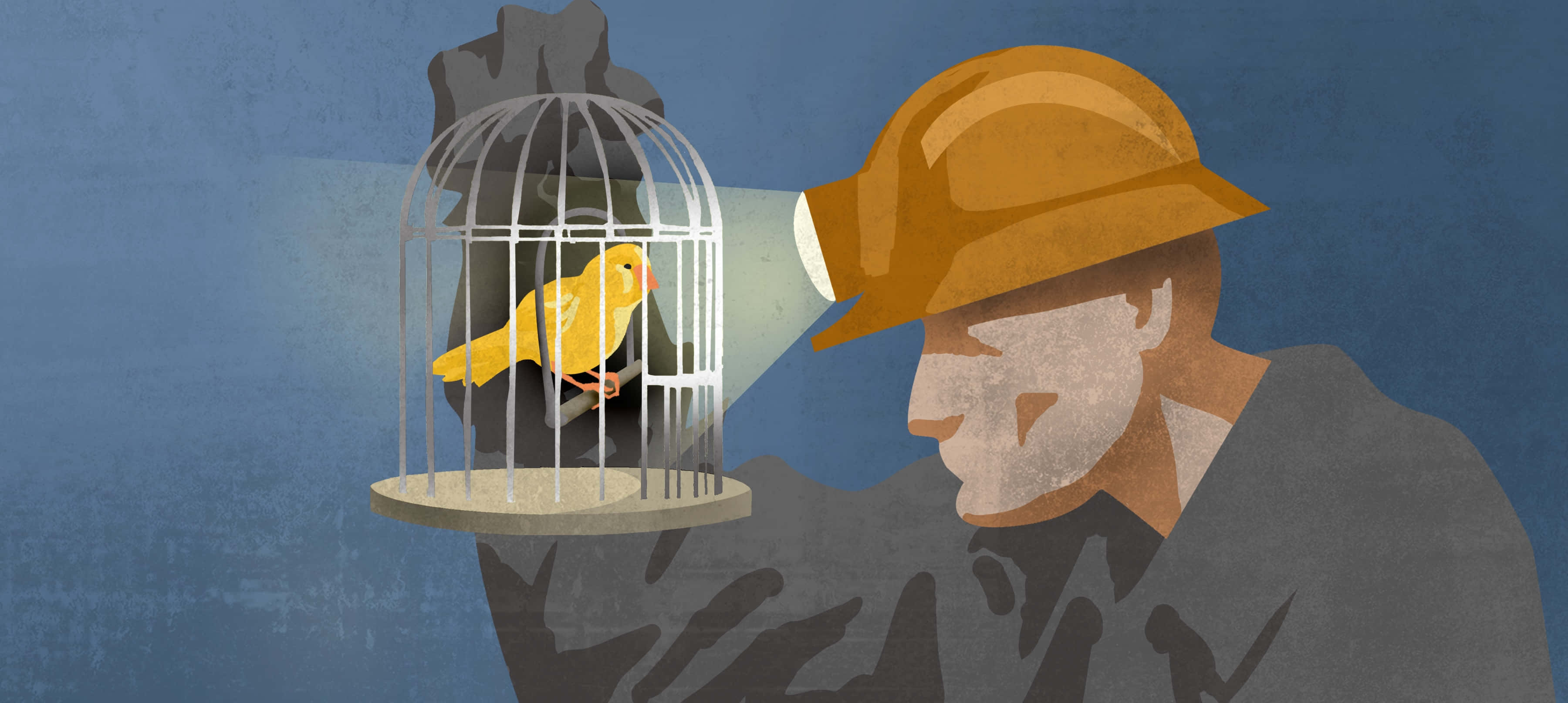 Illustration 桌布 壁紙 — 一名戴著安全帽的礦工用燈光照亮一隻棲息在石柱上、關在籠子裡的黃色小鳥，背景是帶有紋理的藍色牆壁。