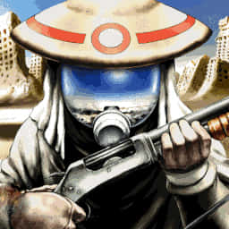 Desert Punk Profile Pic 壁紙 — 一名戴著寬邊帽和防毒面具的士兵在沙漠背景下握著步槍，背景有砂岩廢墟。