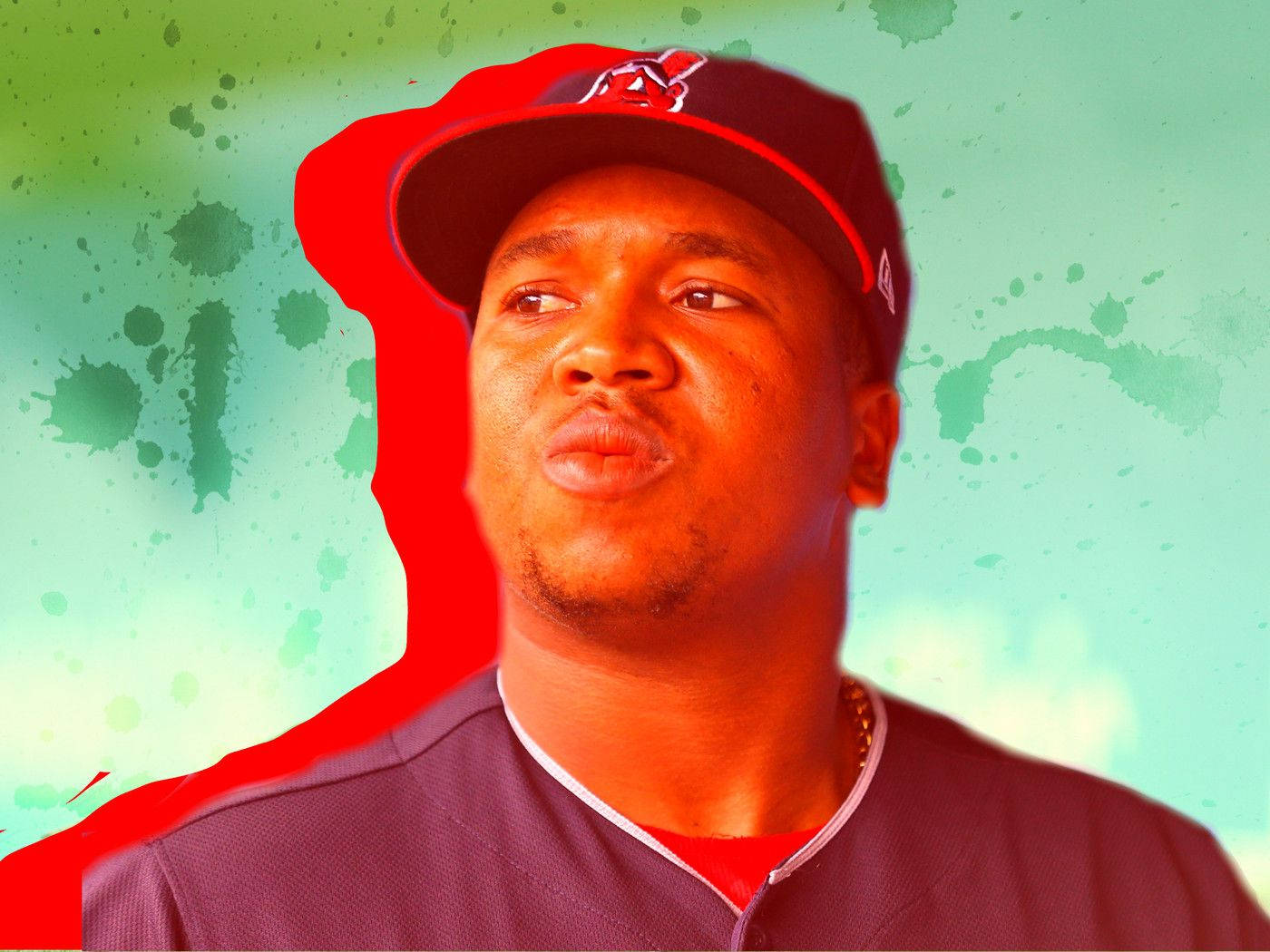 Jose Ramirez 桌布 壁紙 — 一名戴著帽子和球衣的棒球運動員站在充滿活力的紅色和藍綠色潑濺背景前，帶有醒目的紅色輪廓線條。