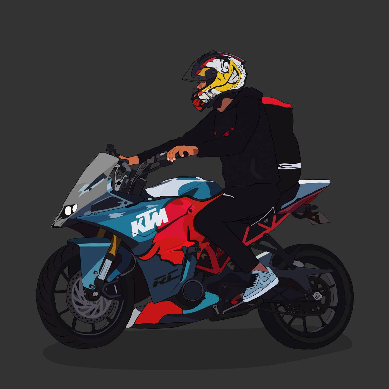 KTM RC 200 桌布 壁紙 — 一名戴著彩色頭盔和黑色連帽衫的騎士跨坐在一輛藍、紅、白色的KTM RC摩托車上，背景為深灰色。