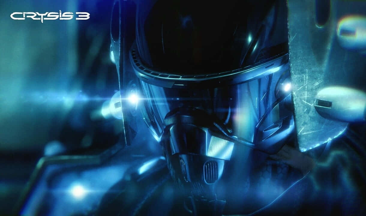 720p Crysis 3 桌布 壁紙 — 一名戴著未來感頭盔的士兵在黑暗的科幻環境中發出藍光。