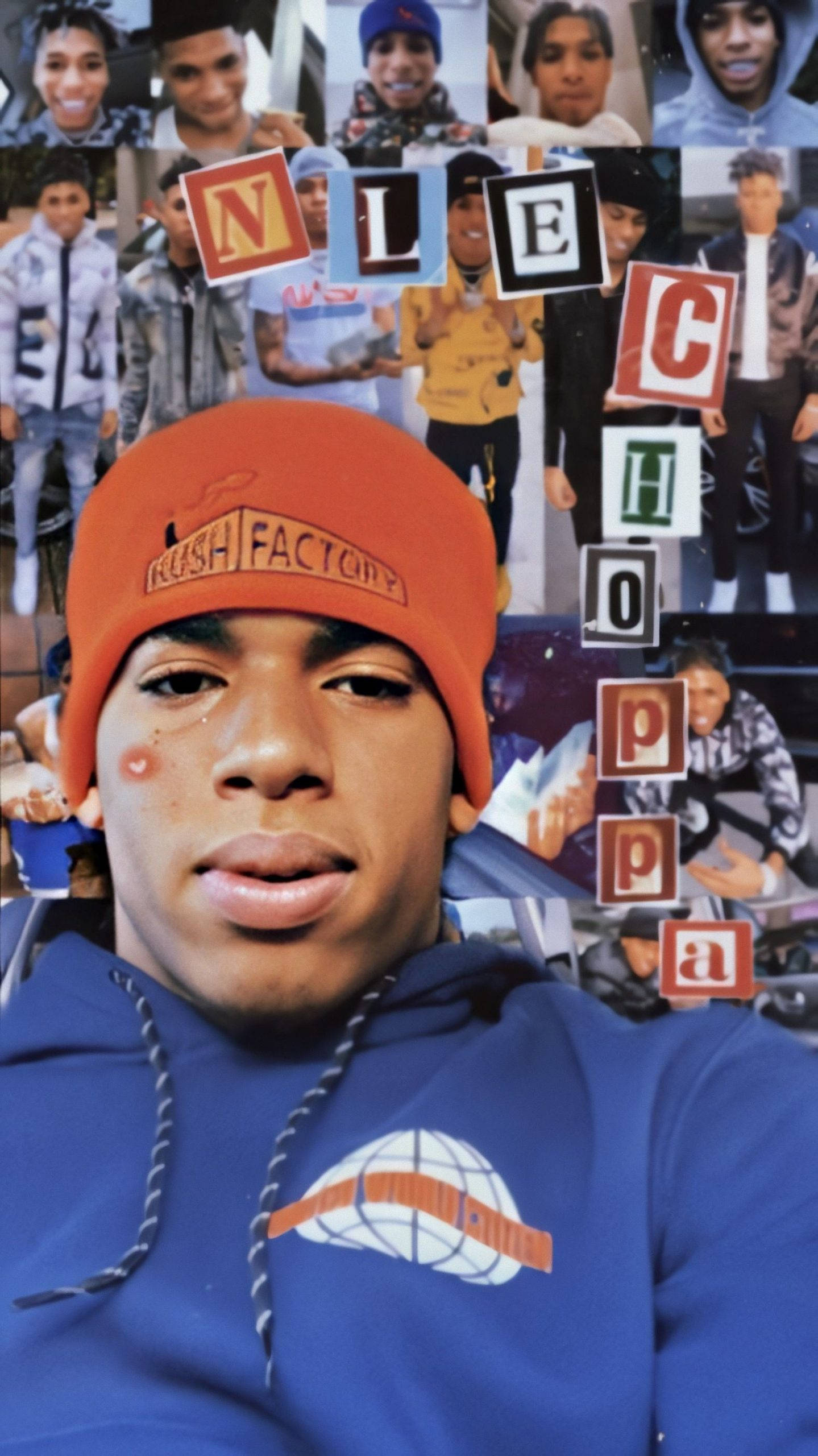 Nle 桌布 壁紙 — 一名戴著橙色毛帽和藍色連帽衫的年輕男子直視前方，身後色彩繽紛的剪字拼出「NLE CHOPPA」。