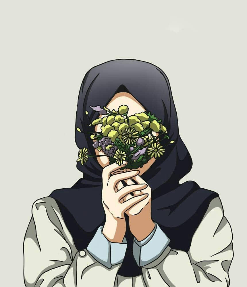 anime hijab 桌布 壁紙 — 一名戴著深色頭巾的人手持一束充滿活力的綠色和紫色花朵遮住臉部，背景為柔和的灰色。