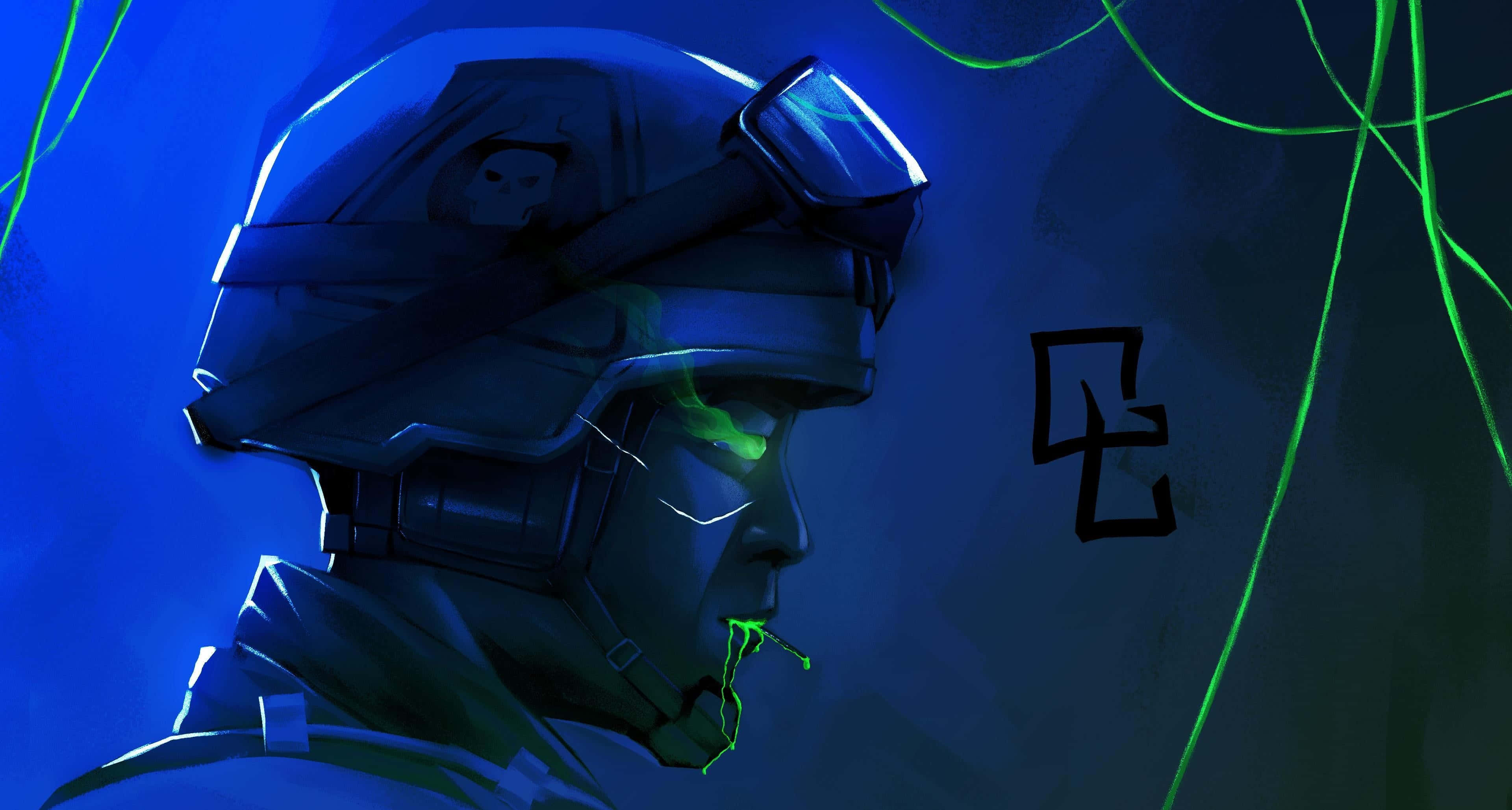 Rainbow Six Siege Lesion 桌布 壁紙 — 一名戴著深色頭盔、擁有發光綠色眼睛和電線的士兵，背景為深藍色。