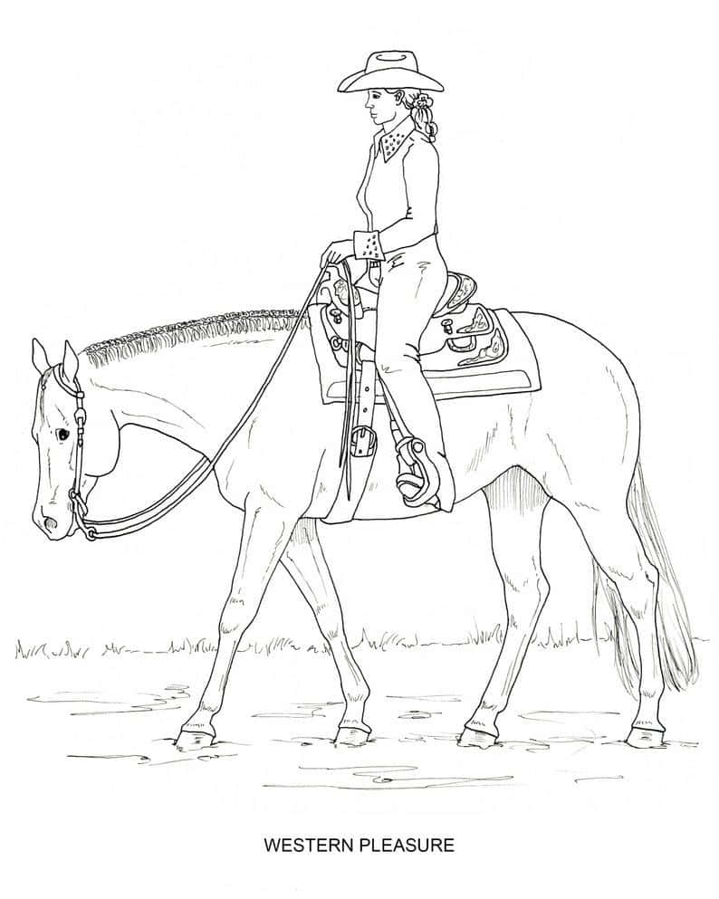 Horse Coloring 桌布 壁紙 — 一名戴著牛仔帽和靴子的騎手，騎著一匹備有馬鞍的馬，在淺水中行走的線條畫。