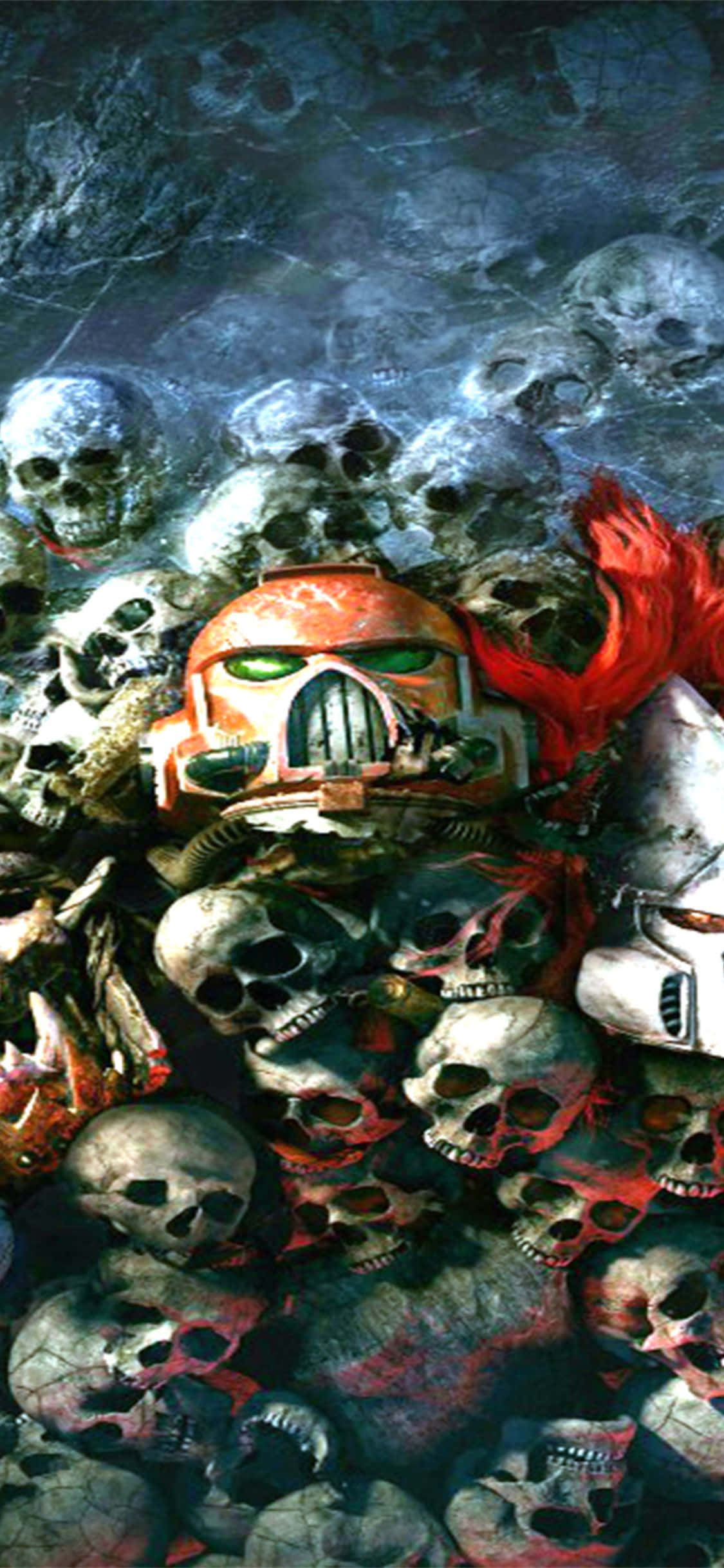 skulls 桌布 壁紙 — 一名戴著發光橙色頭盔的戰士在暴風雨天空下的骷髏海中挑釁地站立。
