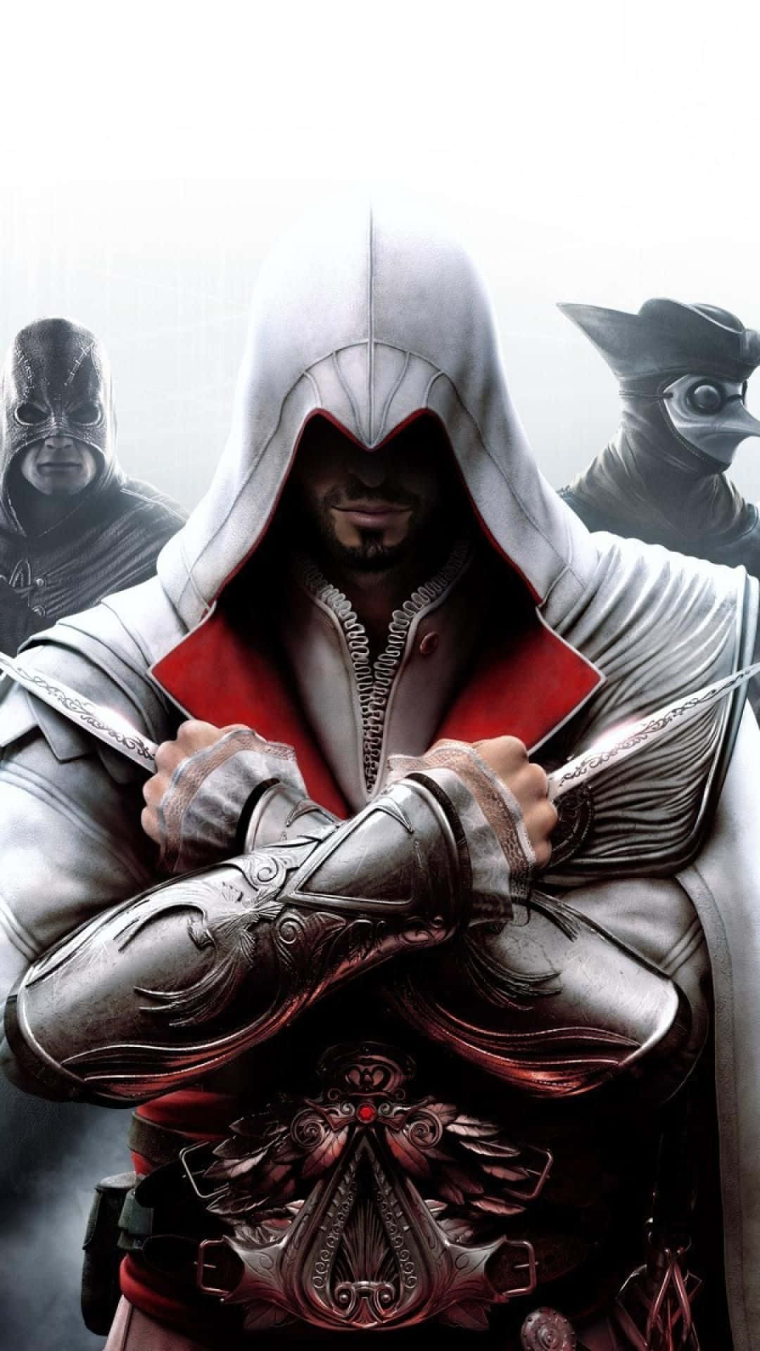 iPhone X Assassin's Creed Valhalla 桌布 壁紙 — 一名戴著白色和紅色長袍的兜帽刺客手持交叉的刀刃，身後有兩名戴面具的盟友潛伏在迷霧瀰漫的戲劇性場景中。