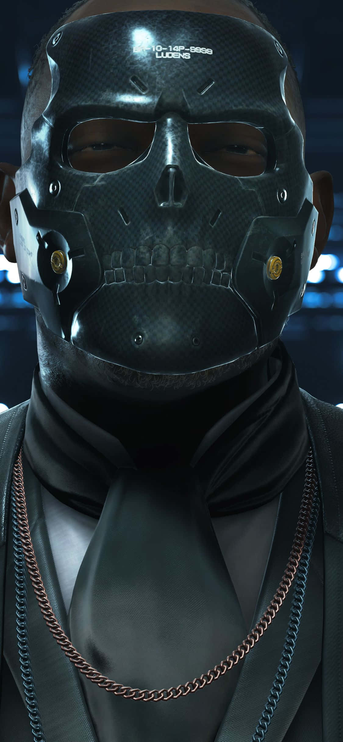 iPhone X Death Stranding 桌布 壁紙 — 一名戴著碳纖維骷髏面具、帶金色點綴的男子，身穿西裝和鏈條，背景是黑暗的未來風格。