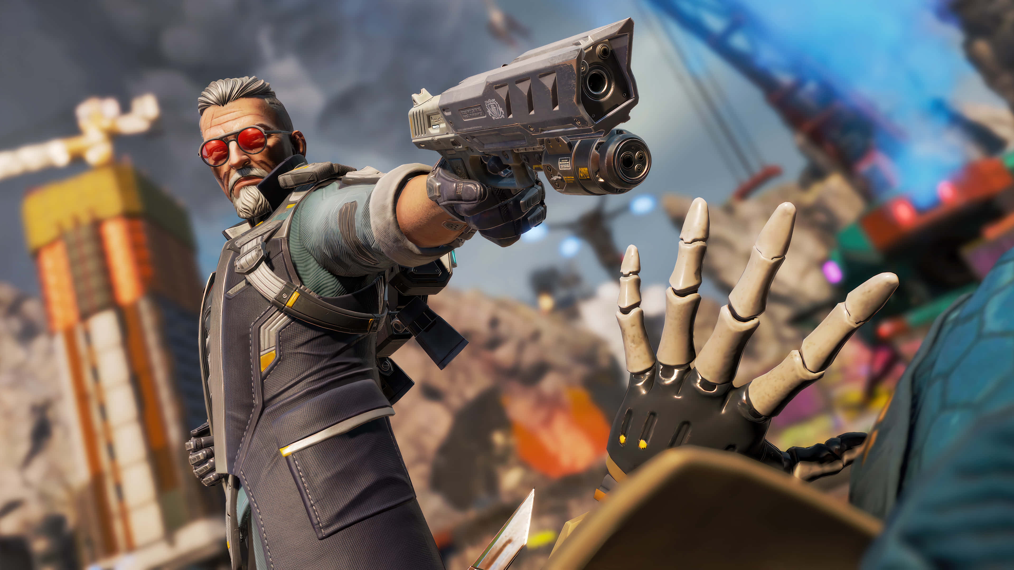 Apex Legends Characters 桌布 壁紙 — 一名戴著紅色護目鏡的未來戰士，在霓虹燈照亮的城市戰場上，用高科技手槍瞄準一隻機械手。