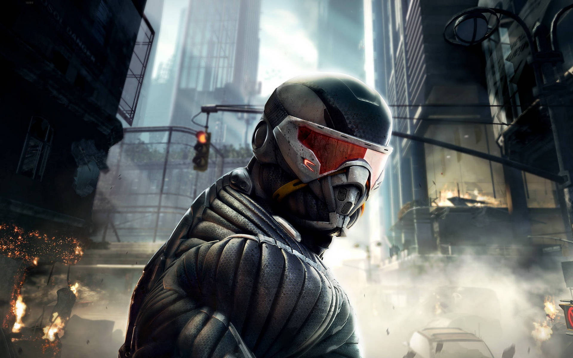 crysis 3 4K 桌布 壁紙 — 一名戴著紅色護目鏡頭盔的未來戰士，站在煙霧瀰漫、戰火摧殘的城市街道上，周圍有燃燒的汽車和高聳的摩天大樓。