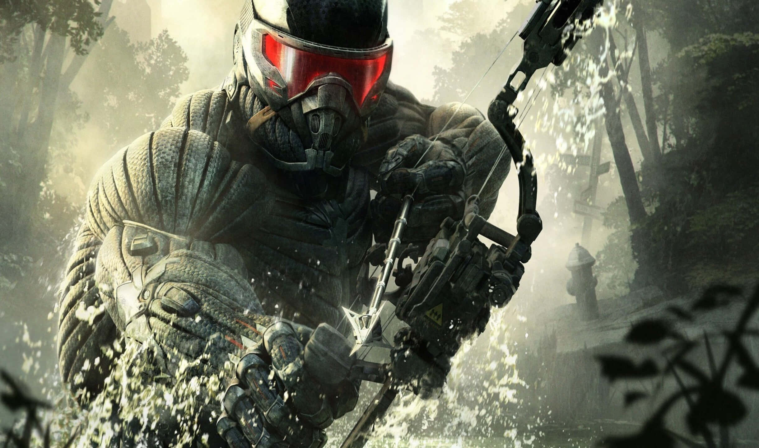 2440x1440 Crysis 3 桌布 壁紙 — 一名戴著紅色護目鏡頭盔的未來戰士在迷霧森林中拉開高科技弓。