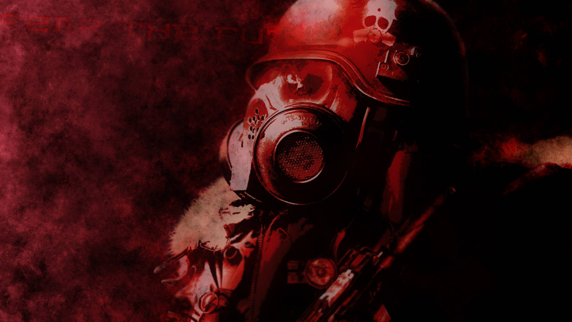Metro 2033 桌布 壁紙 — 一名戴著紅色防毒面具和頭盔的士兵，在煙霧瀰漫的黑暗中站立，手持帶有骷髏標誌的步槍。