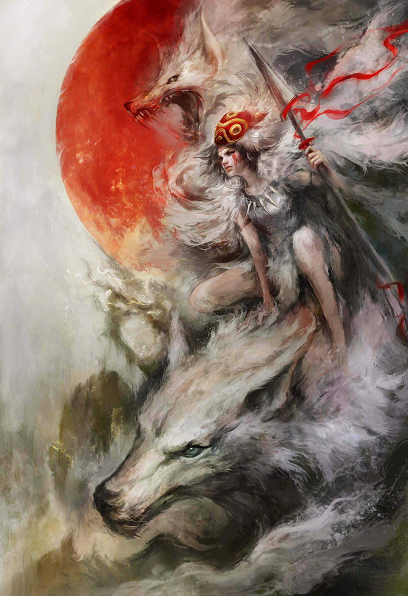 魔法公主 桌布 壁紙 — 一名戴著紅色面具的戰士騎著一頭白狼，在巨大的紅月下，另一頭狼在上方嚎叫。