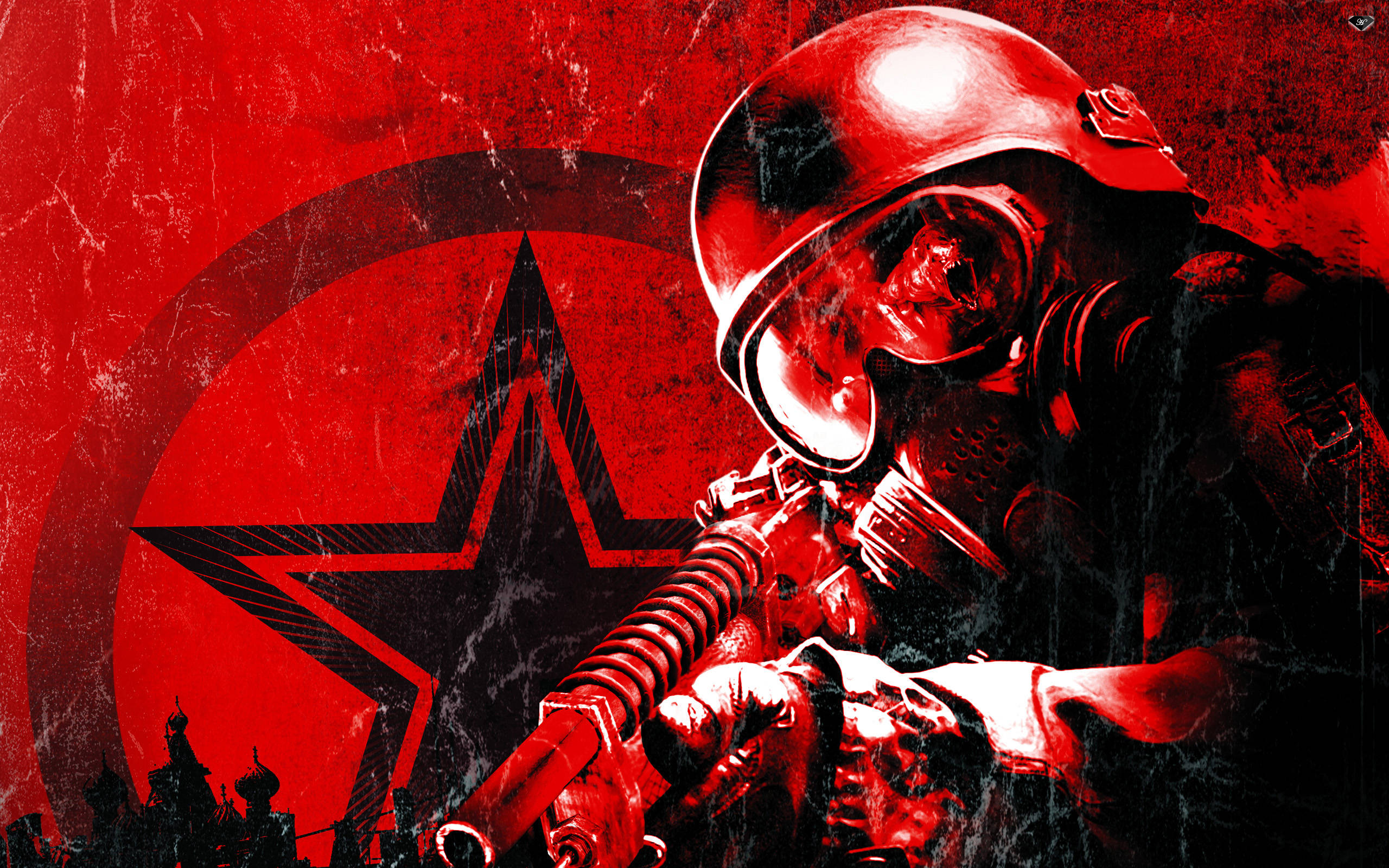 Metro 2033 桌布 壁紙 — 一名戴著紅色頭盔和防毒面具的士兵，在帶有黑色星星和克里姆林宮輪廓的粗糙紅色背景下握著步槍。