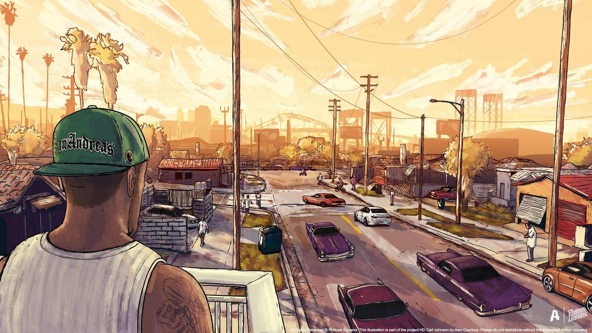GTA 聖安地列斯 桌布 壁紙 — 一名戴著綠色帽子的男人從陽台凝視著一條充滿陽光、停滿老爺車和棕櫚樹的城市街道。