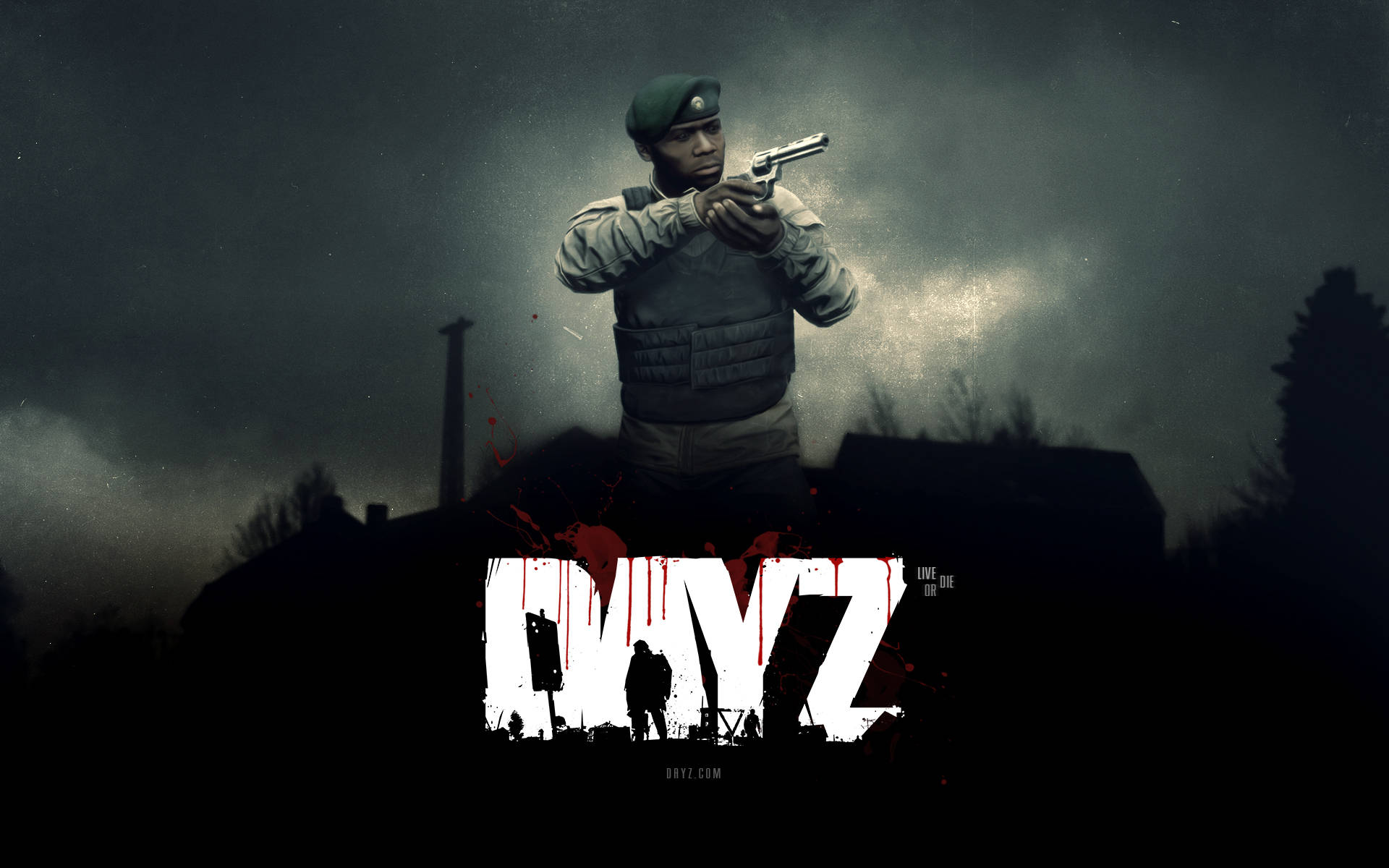 DayZ 桌布 壁紙 — 一名戴著綠色貝雷帽的士兵在暴風雨的天空下瞄準手槍，帶有血跡和滴落的紅色文字「MAYZ」。
