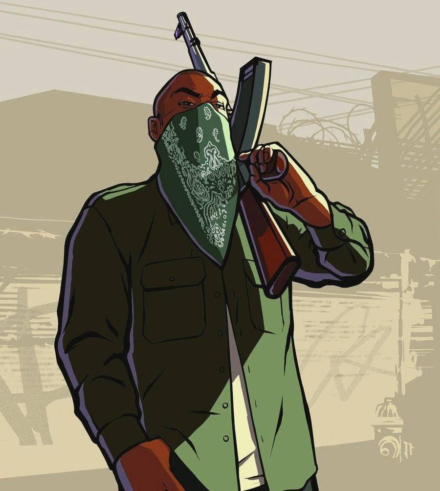 GTA 聖安地列斯 桌布 壁紙 — 一名戴著綠色頭巾和外套的面具男，在粗糙的城市背景下將步槍扛在肩上。
