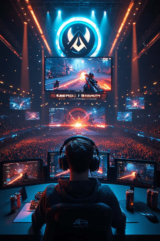 Esports Arena Gamer Wallpaper 4K 壁紙 — 一名戴著耳機的玩家坐在三台顯示器前，身處霓虹燈照亮的競技場，上方巨大螢幕顯示未來戰鬥場景。