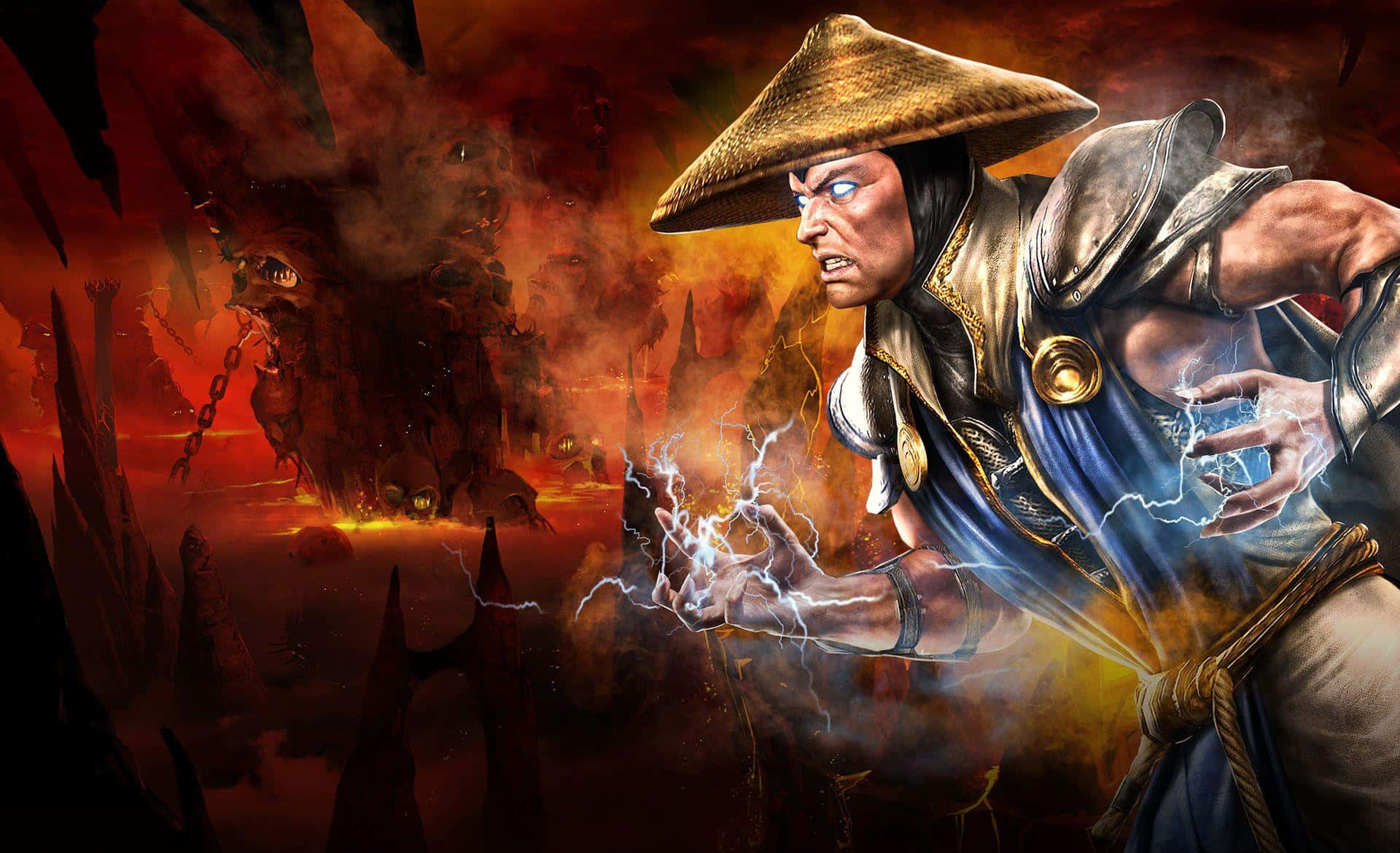 Mortal Kombat Vs Dc Universe 桌布 壁紙 — 一名戴著草帽的戰士，在火焰惡魔背景和鋸齒狀尖塔的襯托下，引導著劈啪作響的閃電。