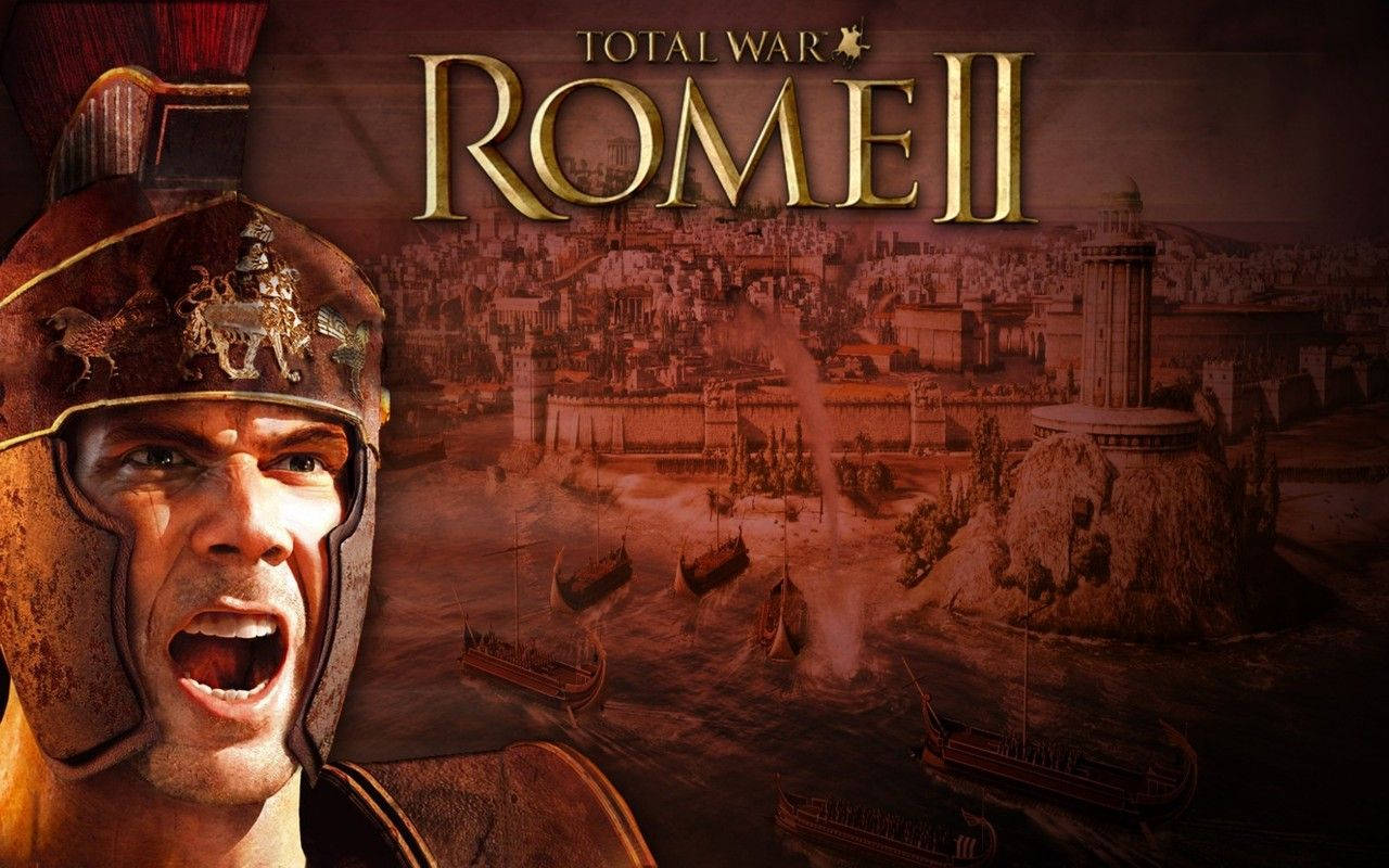 rome 2 桌布 壁紙 — 一名戴著華麗頭盔的羅馬士兵在古羅馬沿海城市和戰艦的背景下猛烈咆哮。