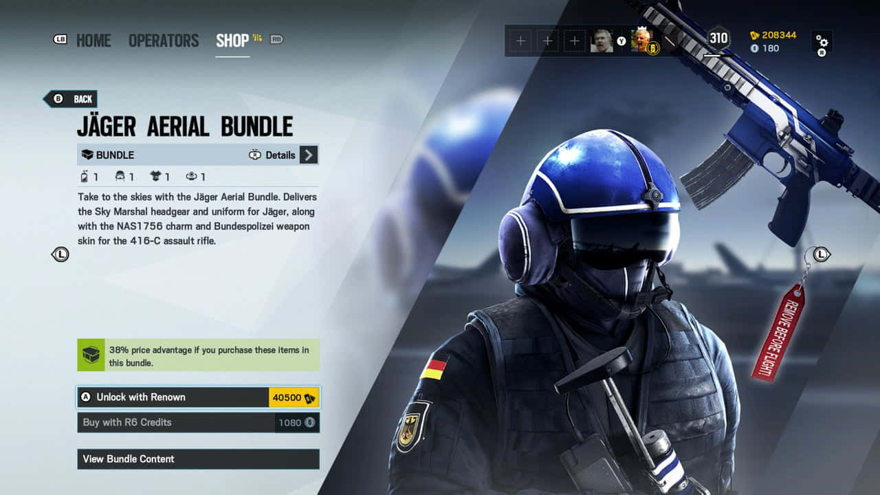Rainbow Six Siege Jager 桌布 壁紙 — 一名戴著藍色頭盔和戰術裝備的士兵，在遊戲商店介面背景前手持藍色武器造型。