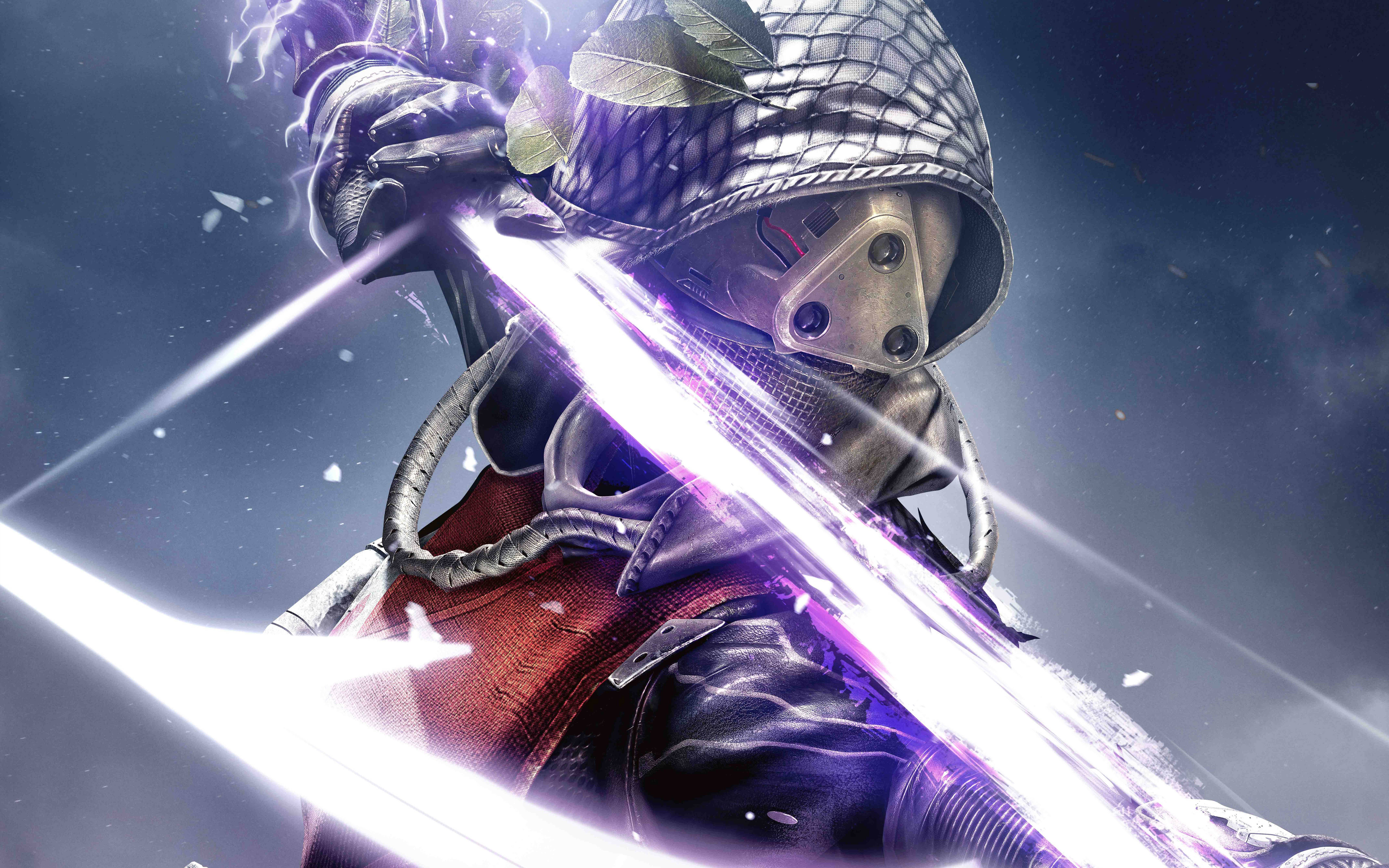 destiny 4K 桌布 壁紙 — 一名戴著裝甲頭盔的戰士揮舞著發光的紫色劍，背景是黑暗的星空，電火花四濺。