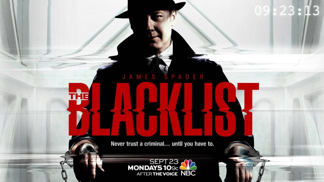 blacklist 桌布 壁紙 — 一名戴著軟呢帽和風衣的男子，雙手被銬，站在純白色建築背景前，配有粗體紅色標題文字。