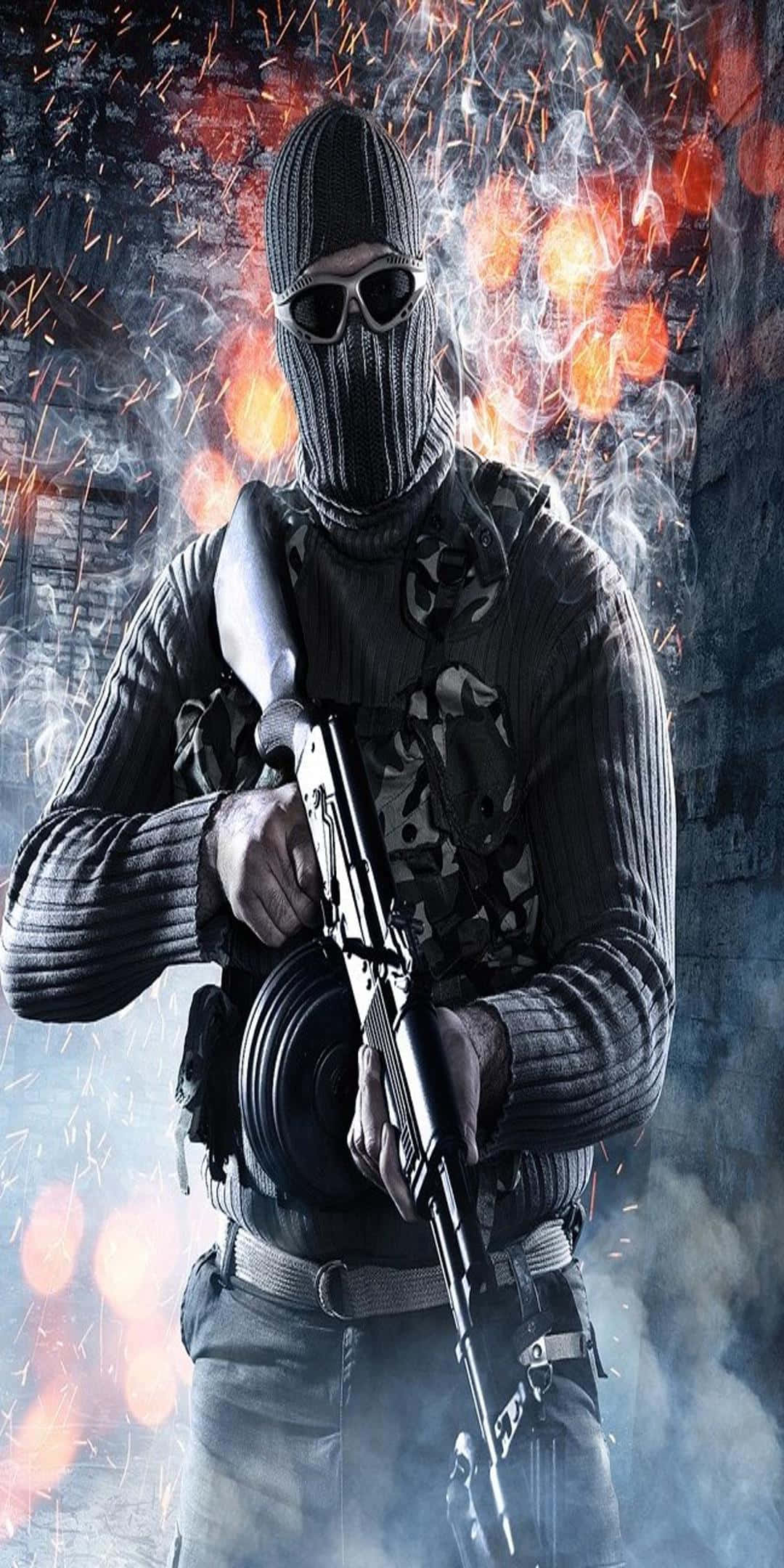Pixel 3 Battlefield 3 桌布 壁紙 — 一名戴著針織頭套和太陽眼鏡的蒙面士兵，在火花和煙霧中，以粗糙的城市背景為襯托，手持突擊步槍。