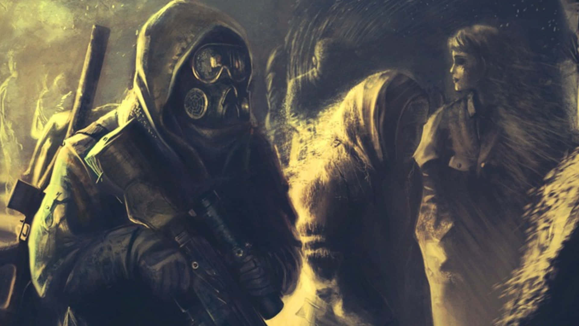 Metro 2033 桌布 壁紙 — 一名戴著防毒面具、手持步槍的士兵，站在煙霧瀰漫、飽受戰爭摧殘的環境中，旁邊是一個穿著連帽外套的小女孩。