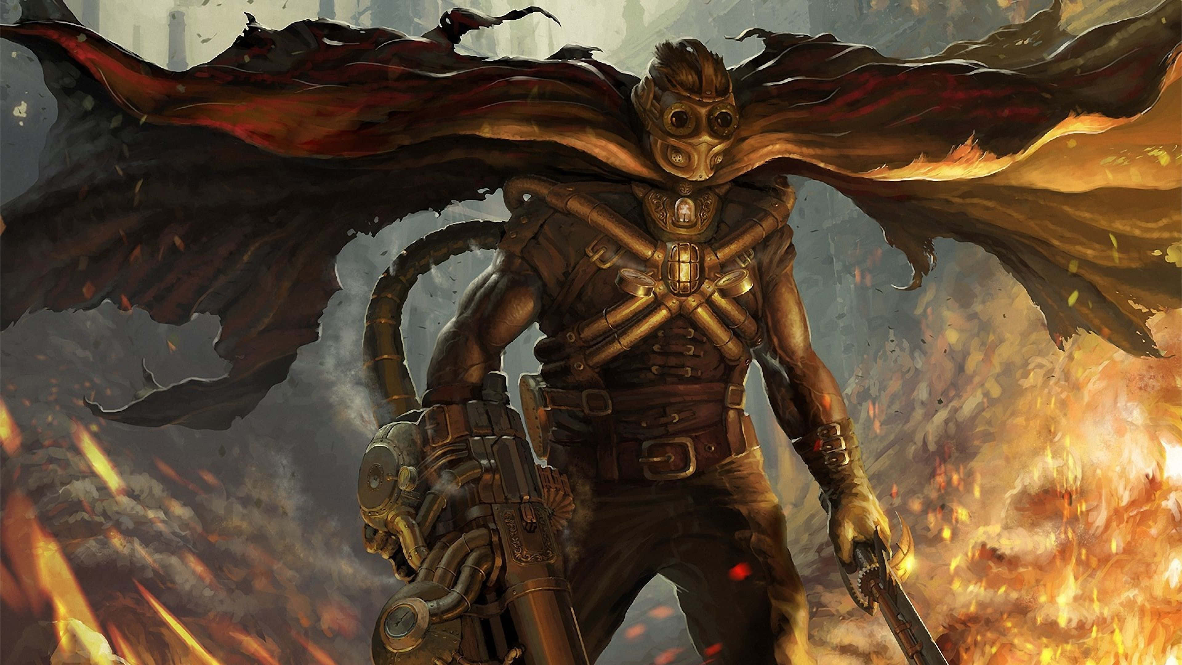Dark Steampunk 桌布 壁紙 — 一名戴著防毒面具、披著飄逸斗篷的蒸氣龐克戰士，在咆哮的火焰和煙霧中挑釁地站立。